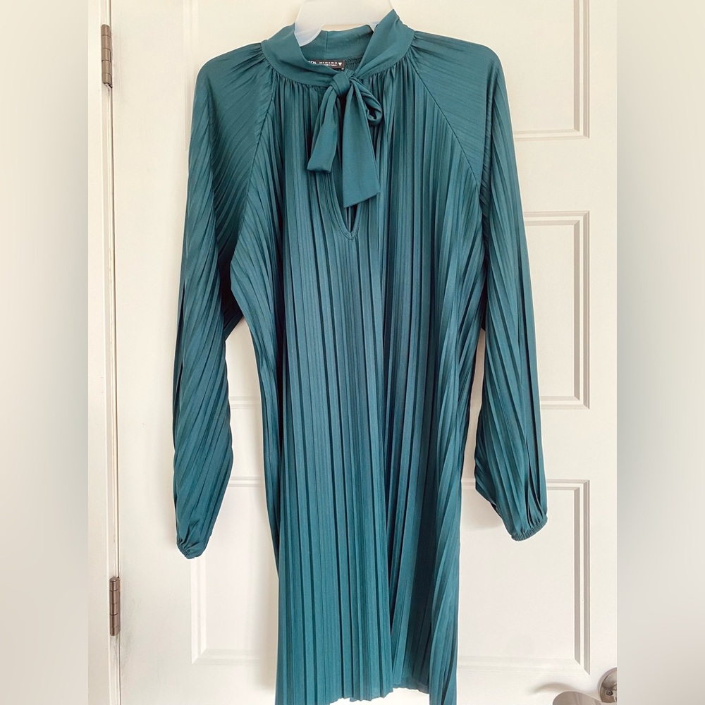 Zara Elegant Bottle Green Pleated Dress - Size Small